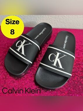 CALVIN KLEIN 🖤 Black & White Logo Slides (Womens Size 7.5/8)